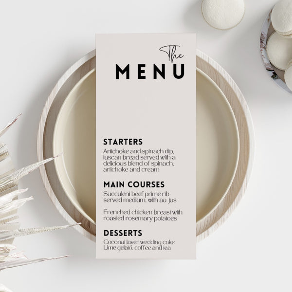 modern personalised wedding menu - affordable personalised wedding stationery