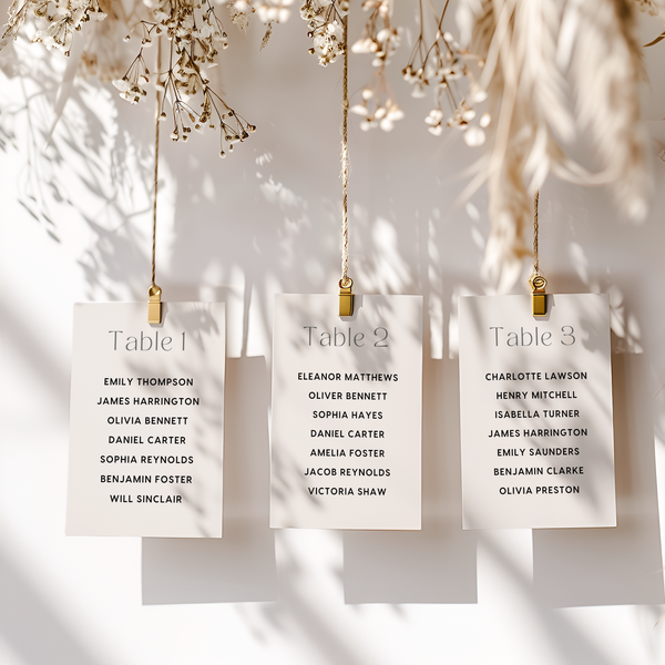 Custom Wedding Seating Plan Cards A5 or A6 – Elegant A5 or A6 wedding seating plan cards printed on 350gsm cardstock, featuring table numbers and guest names.