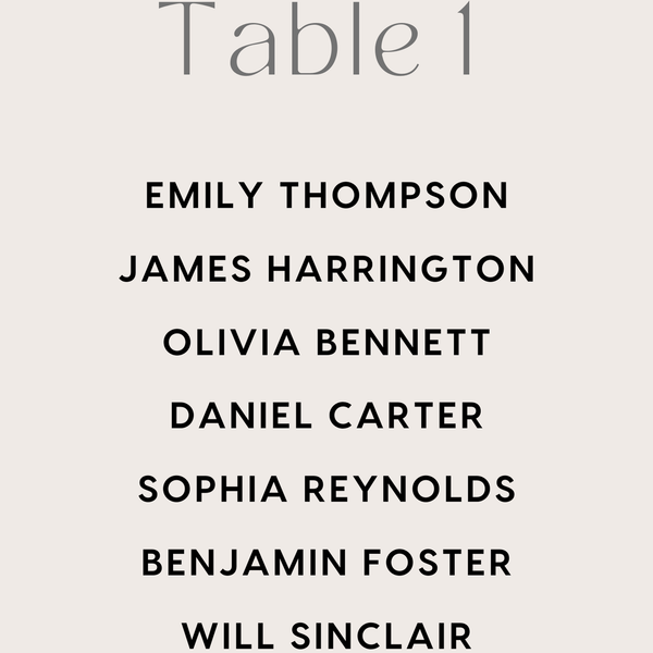 Custom Wedding Seating Plan Cards A5 or A6 – Elegant A5 or A6 wedding seating plan cards printed on 350gsm cardstock, featuring table numbers and guest names.