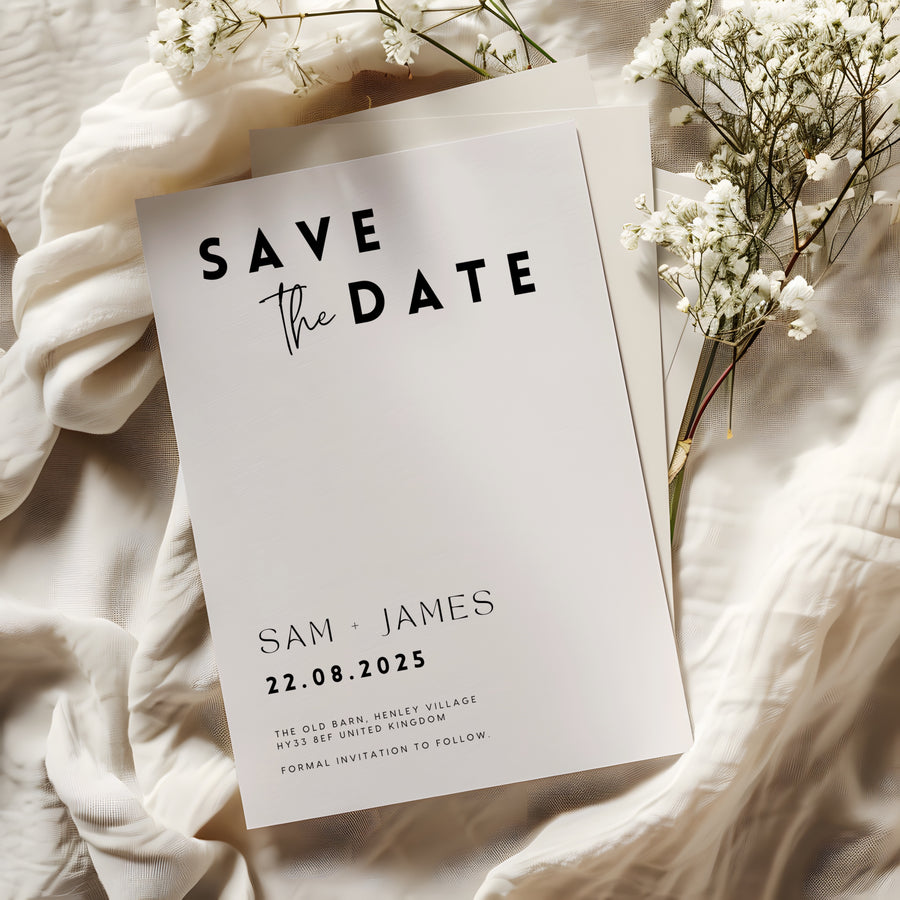 Modern wedding save the date, with bold lettering and personalised details. Luxurious and timeless save the date wedding invitations