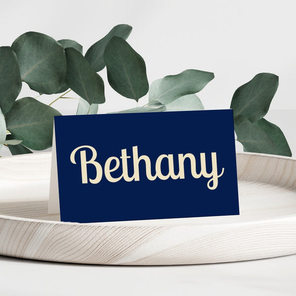 navy retro wedding place cards - personalised wedding name cards