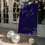 navy blue snowflakes pick a seat, not a side | winter wedding ceremony welcome sign | custom welcome board in royal blue