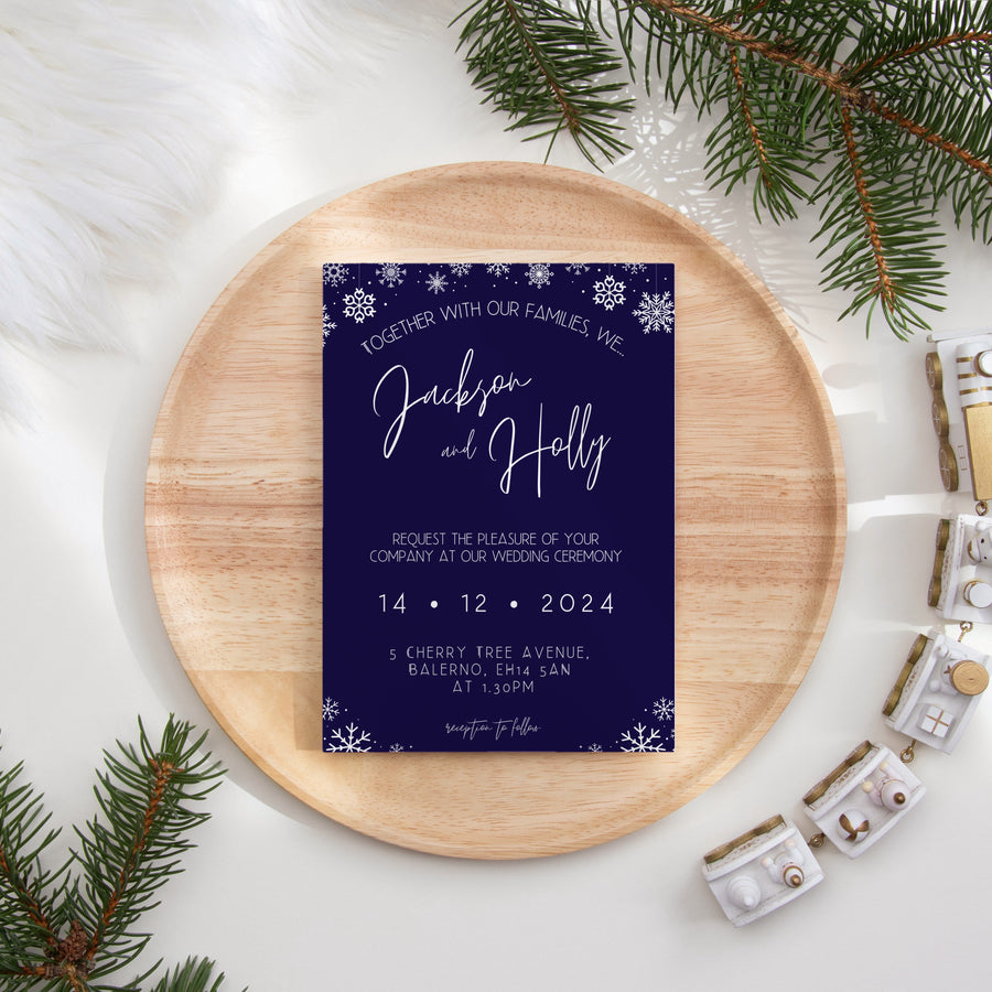 navy blue snowflakes wedding invites - custom wedding invites uk - personalised wedding invitations for winter wedding