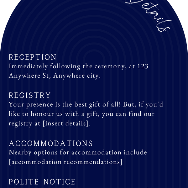 luxury arch shaped wedding invitations in navy blue - fully personalised elegant wedding invitations premium