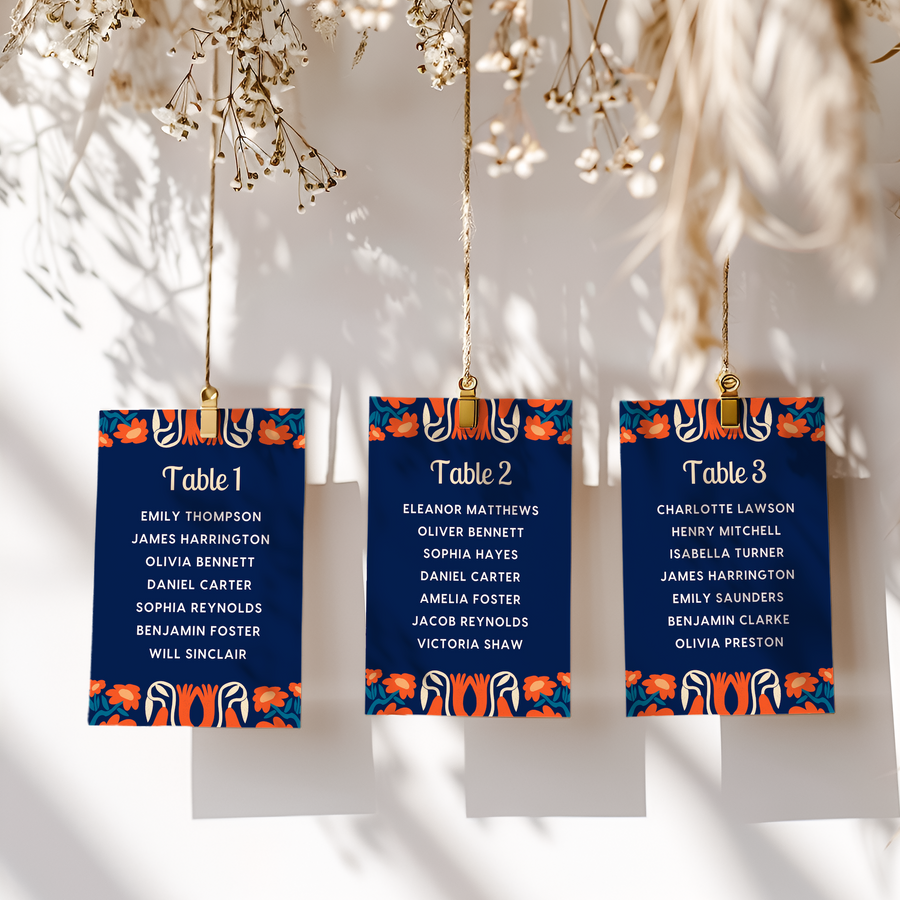 Custom Wedding Seating Plan Cards A5 or A6 – Elegant A5 or A6 wedding seating plan cards printed on 350gsm cardstock, featuring table numbers and guest names.