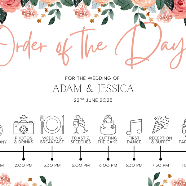peach and pink floral wedding order of the day board - elegant yet vibrant peach florals, against a crisp white background, with sophisticated black text and icons, to blissfully guide guests throughout the day.