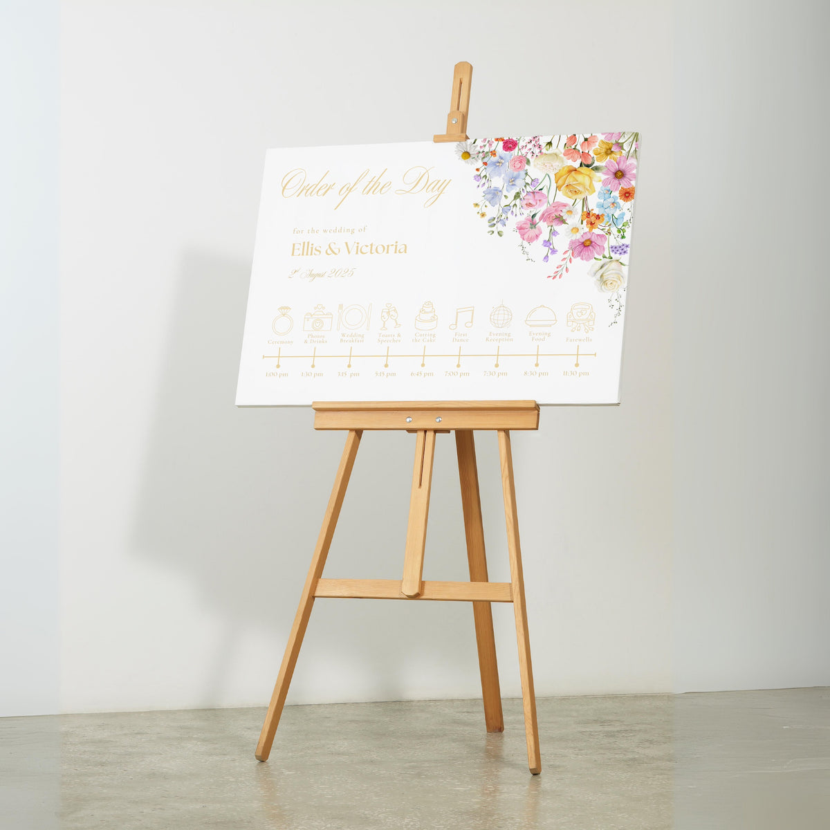 Order of the day wedding sign personalised - Summer Collection features beautiful wedding stationery and signage with gentle summer colours, vibrant florals, and soft butter yellow text – perfect for adding a fresh, romantic feel to your special day.