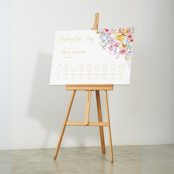 Order of the day wedding sign personalised - Summer Collection features beautiful wedding stationery and signage with gentle summer colours, vibrant florals, and soft butter yellow text – perfect for adding a fresh, romantic feel to your special day.
