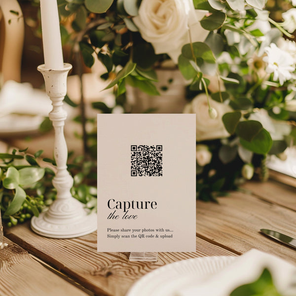 old money style photo sharing qr code sign for wedding tables - luxury wedding table signage for guests to share photos