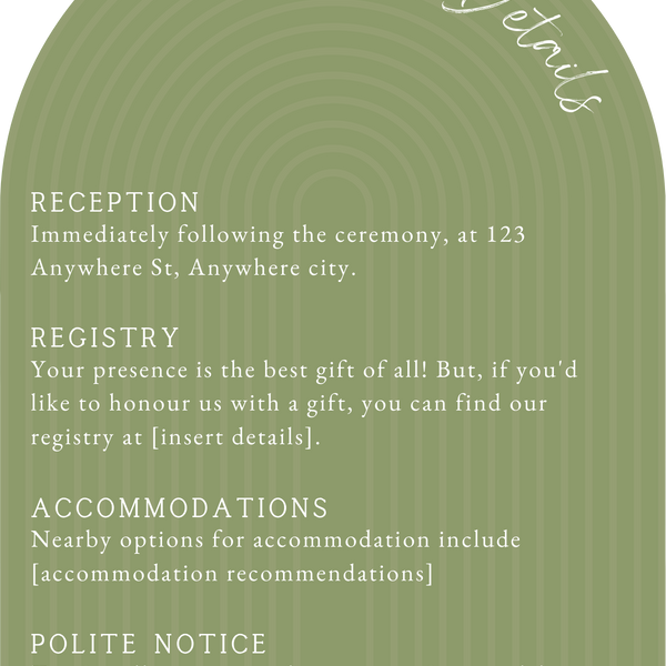 luxury arch shaped wedding invitations in olive green - fully personalised elegant wedding invitations premium