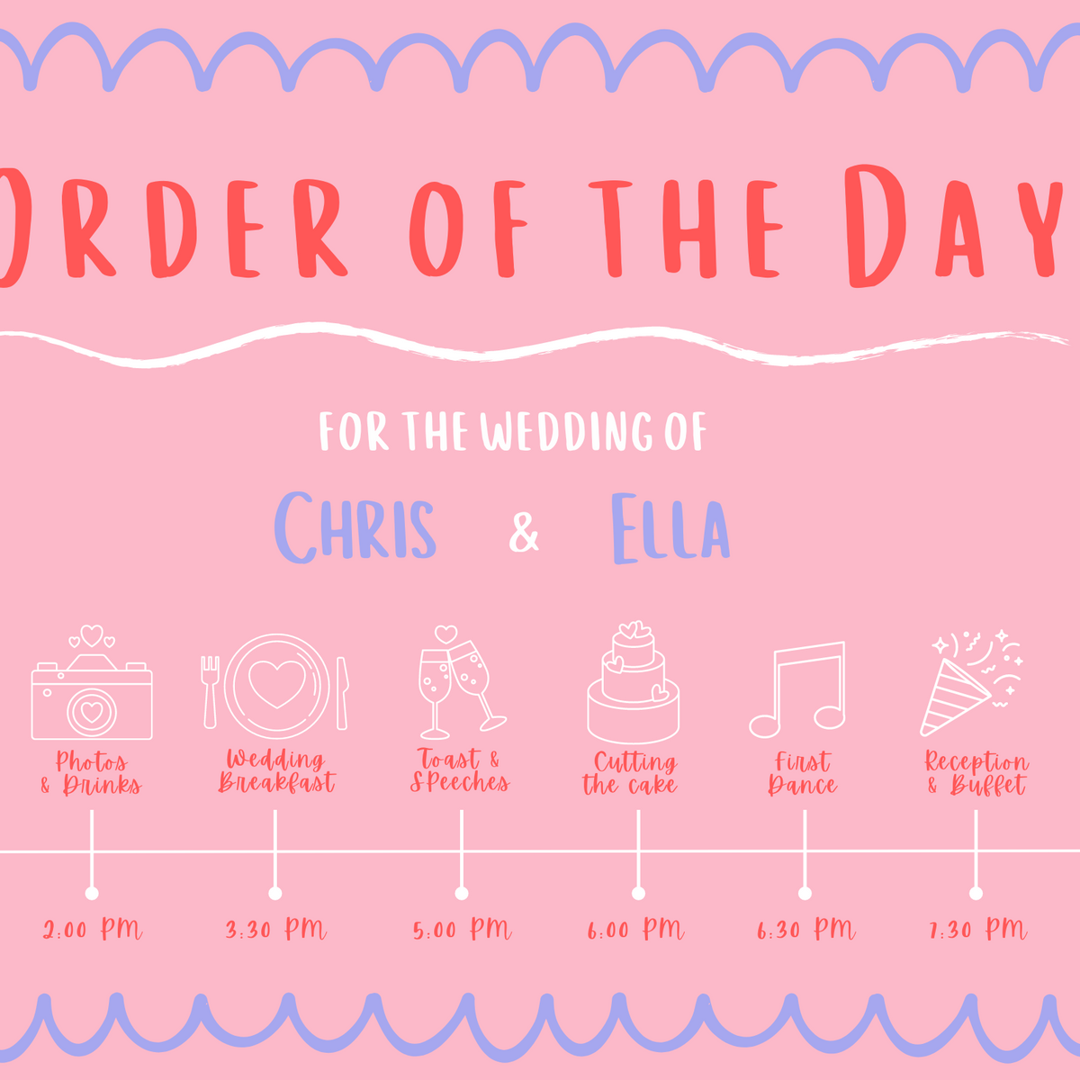 pink and red abstract order of the day weddign sign - personalised wedding signs