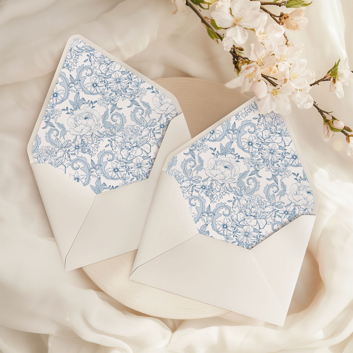 A flat lay of elegant wedding invitation envelopes, partially open to reveal beautifully designed envelope liners in various styles, including floral, modern, and classic patterns. The envelope inserts add a touch of luxury and sophistication to the stationery set.