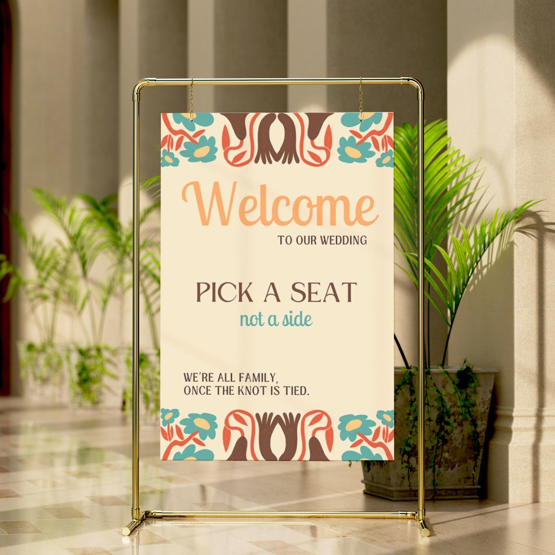 retro cream pick a seat not a side sign - affordable personalised wedding signs