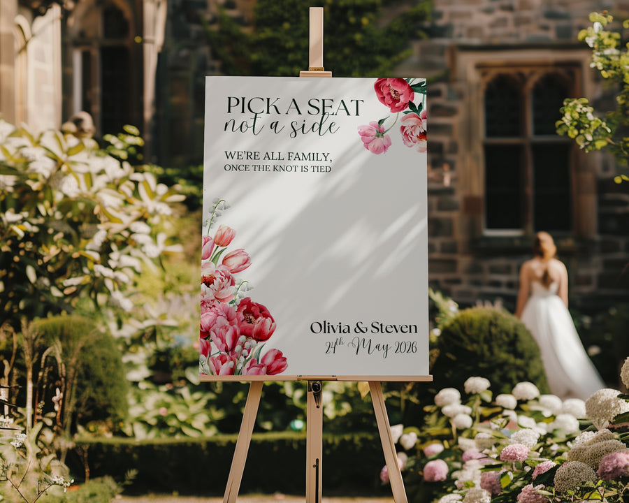 Spring Floral Pick A Seat Not A Side Wedding Sign - Pink Floral Wedding Signage - Pink Tulips Carnations Wedding Signs