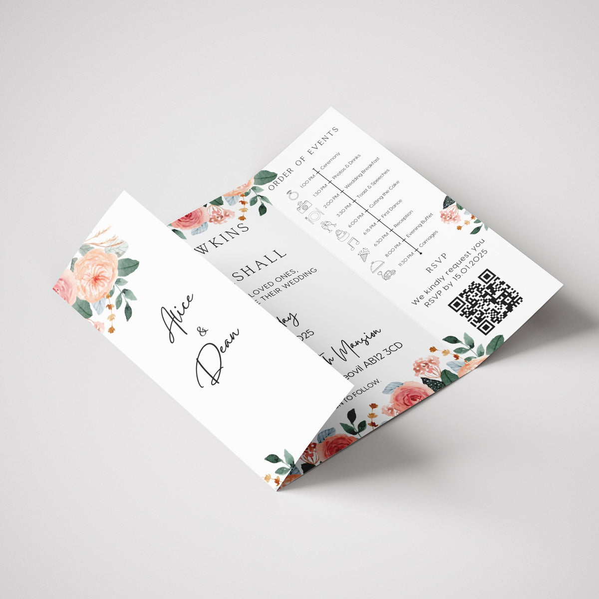 Pink & Peach Floral Gatefold Wedding Invitations