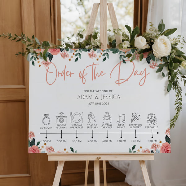 peach and pink floral wedding order of the day board - elegant yet vibrant peach florals, against a crisp white background, with sophisticated black text and icons, to blissfully guide guests throughout the day.