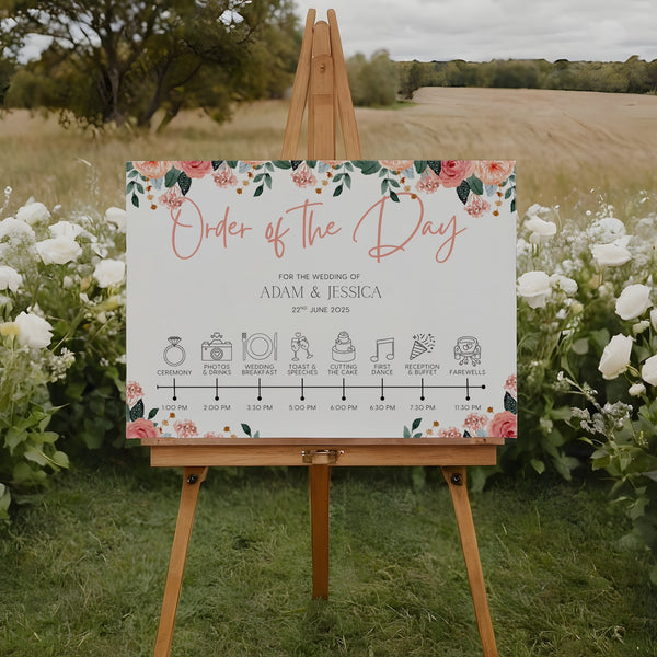 peach and pink floral wedding order of the day board - elegant yet vibrant peach florals, against a crisp white background, with sophisticated black text and icons, to blissfully guide guests throughout the day.