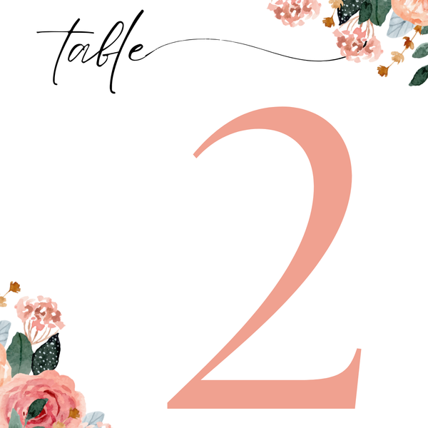 peach pink floral table number for wedding tables - luxury wedding table numbers personalised