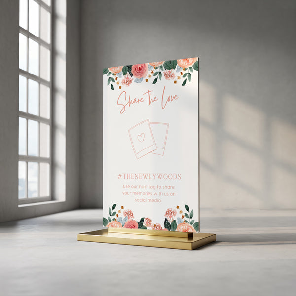 peach Floral Wedding Hashtag Sign for Reception Display - Personalised wedding hashtag social media sign