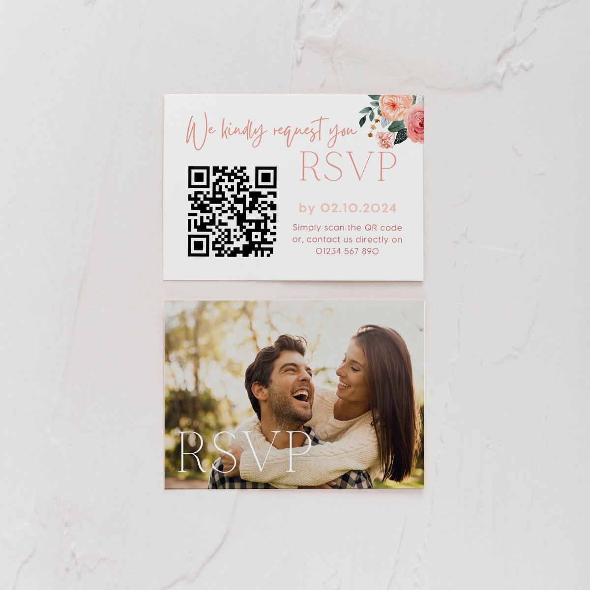 peach and pink floral wedding RSVP with QR - personalised wedding RSVPs invitations