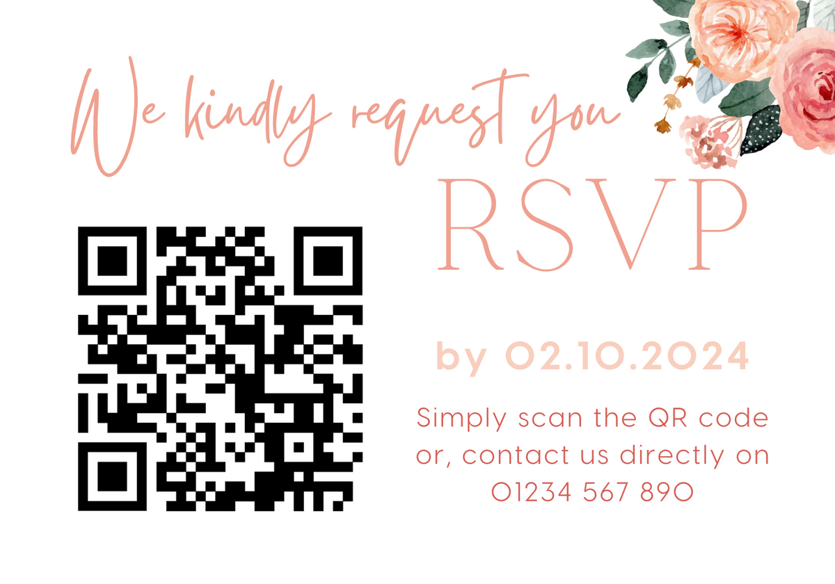 peach and pink floral wedding RSVP with QR - personalised wedding RSVPs invitations