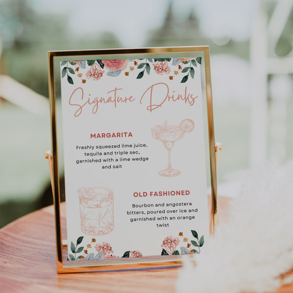 peach floral signature drinks wedding sign - personalised signature cocktails sign uk