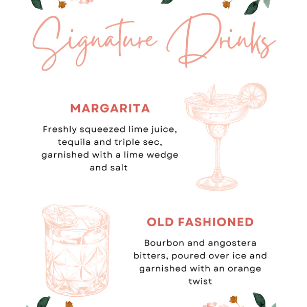 peach floral signature drinks sign - personalised signature cocktails wedding sign uk