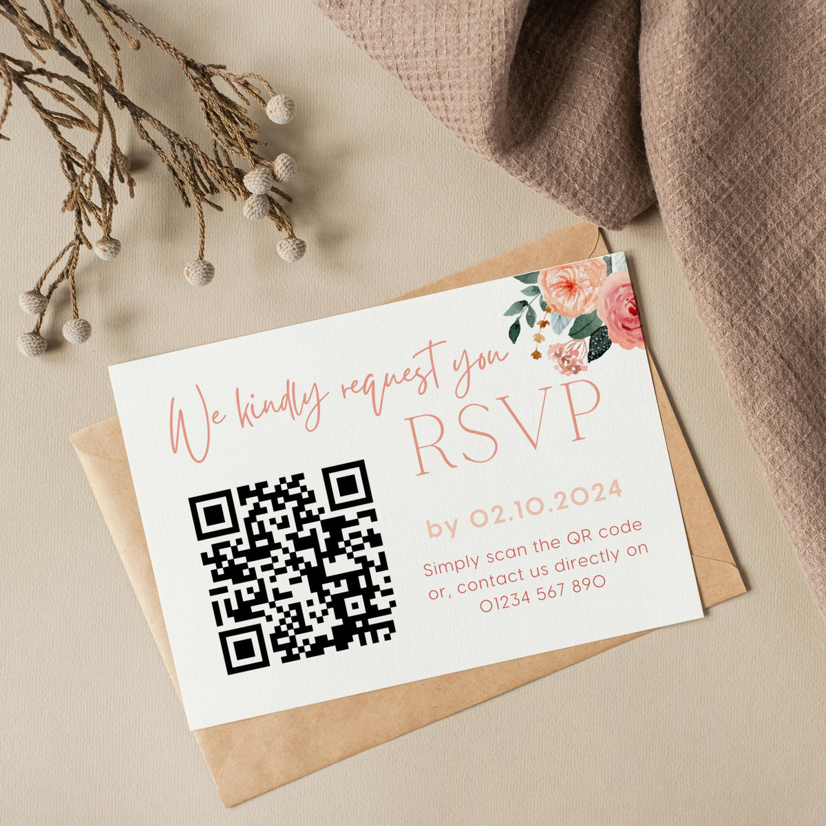 peach and pink floral wedding RSVP with QR - personalised wedding RSVPs invitations