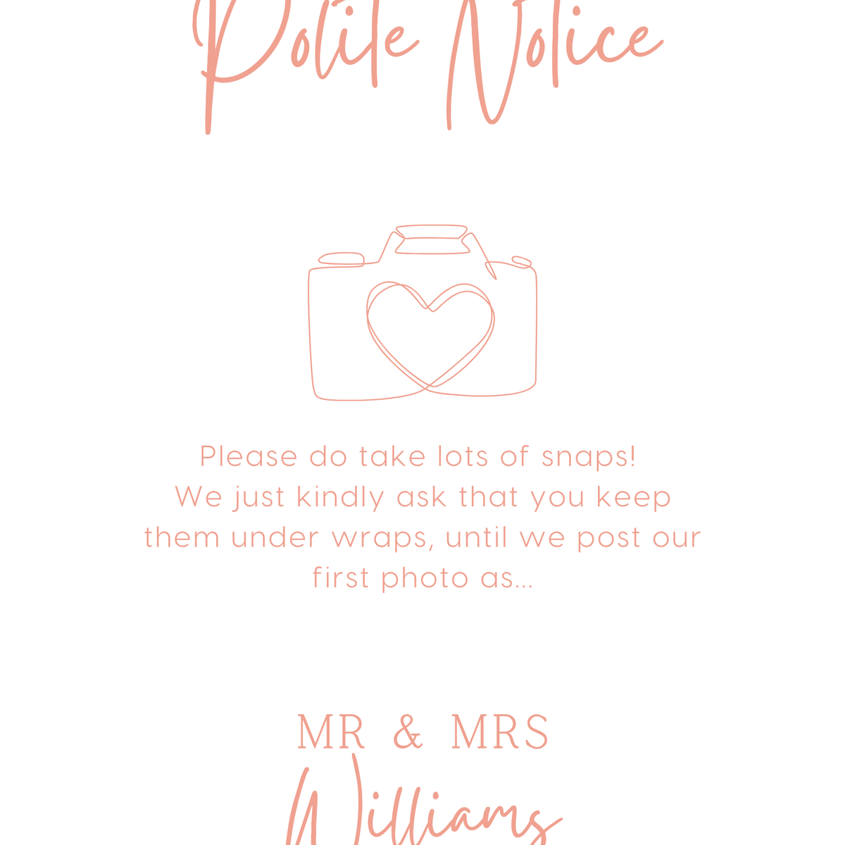 peach floral polite notice wedding sign - Polite notice card for wedding display - luxury wedding signage