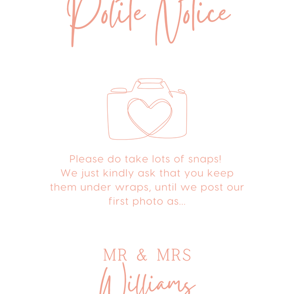 peach floral polite notice wedding sign - Polite notice card for wedding display - luxury wedding signage