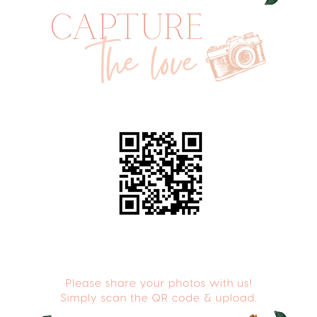 peach floral photo sharing qr code sign for wedding tables - luxury wedding table signage for guests to share photos