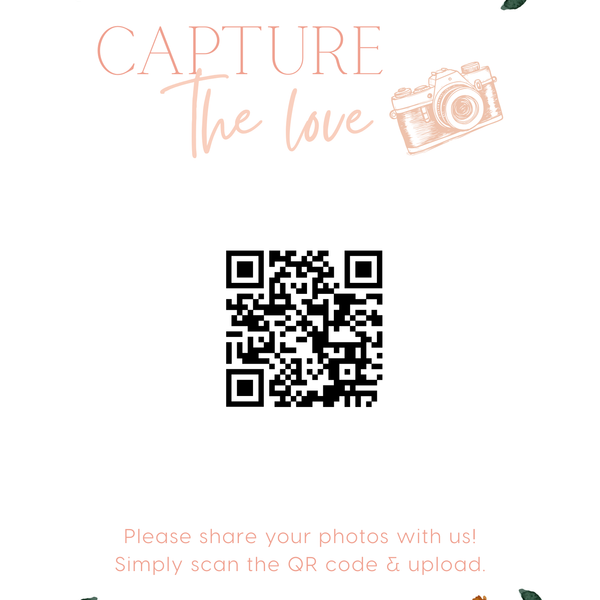 peach floral photo sharing qr code sign for wedding tables - luxury wedding table signage for guests to share photos