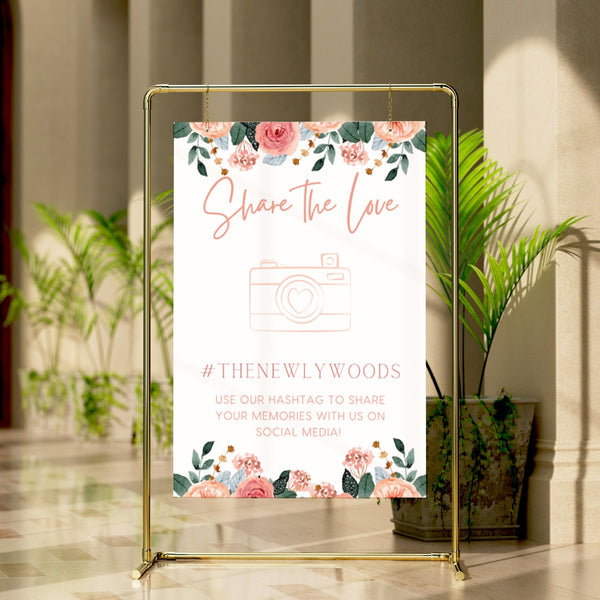 peach and pink floral wedding hashtag sign - personalised wedding signs cheap