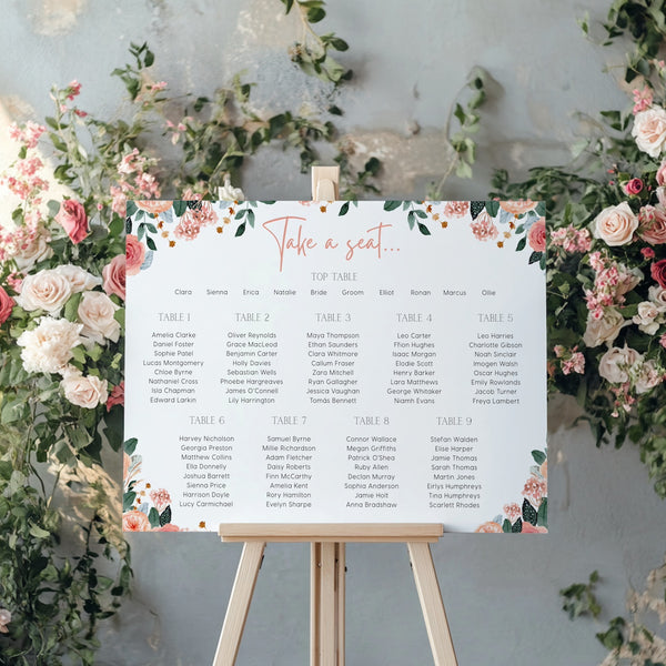 pink floral wedding seating plan sign - personalised wedding seating chart sign