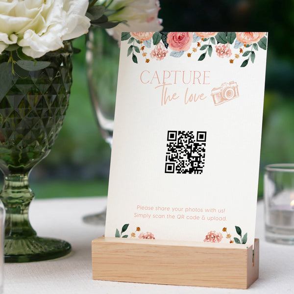 peach floral photo sharing qr code sign for wedding tables - luxury wedding table signage for guests to share photos