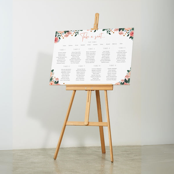 pink floral wedding seating plan sign - personalised wedding seating chart sign
