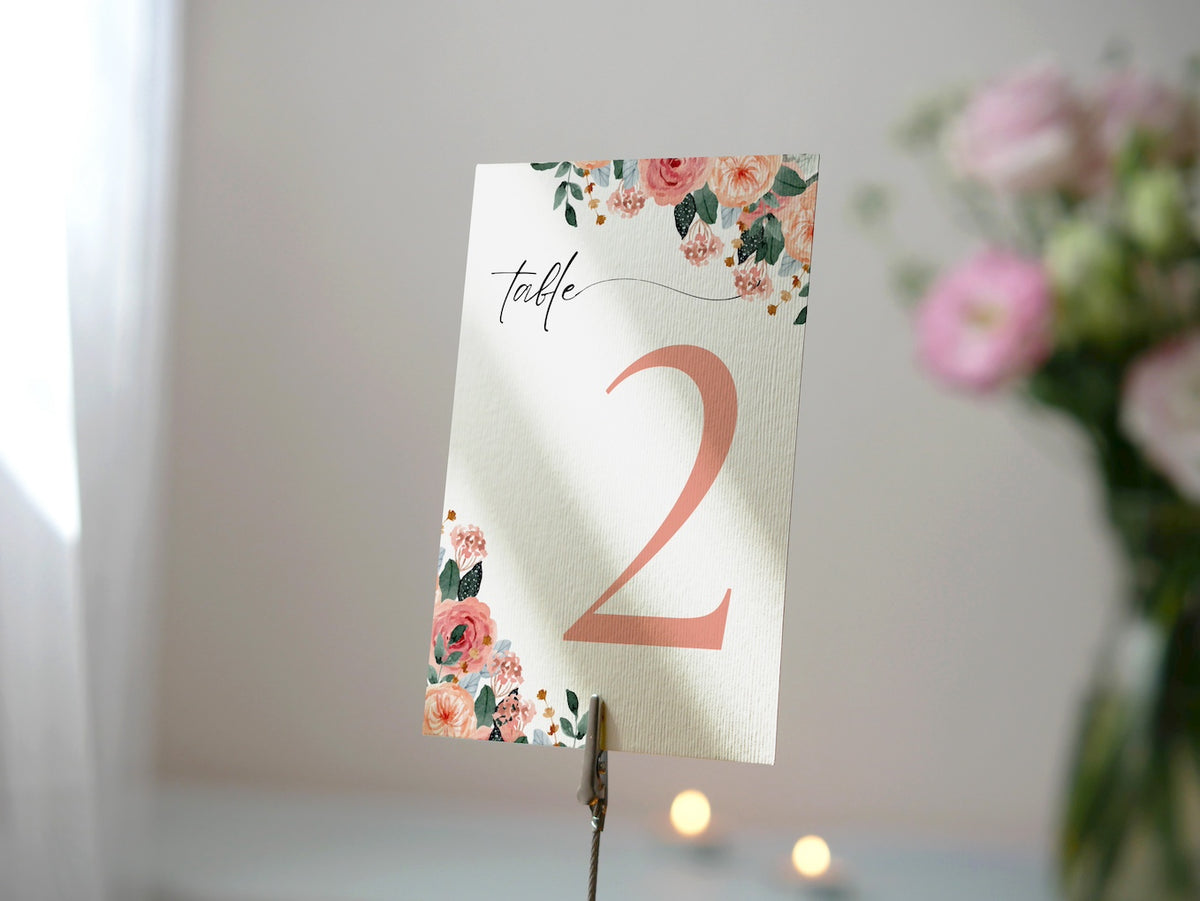peach pink floral table number for wedding tables - luxury wedding table numbers personalised