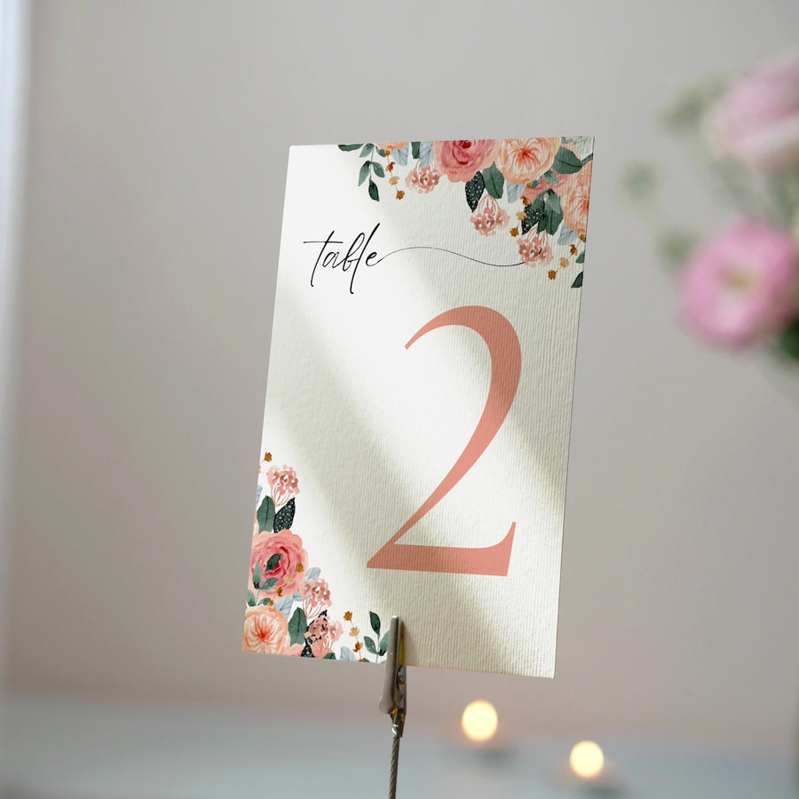 peach pink floral table number for wedding tables - luxury wedding table numbers personalised