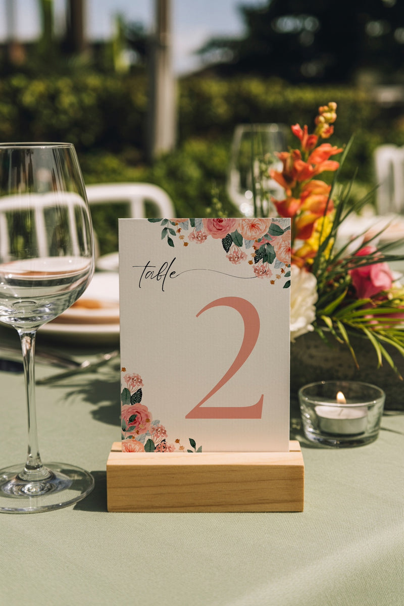 peach pink floral table number for wedding tables - luxury wedding table numbers personalised