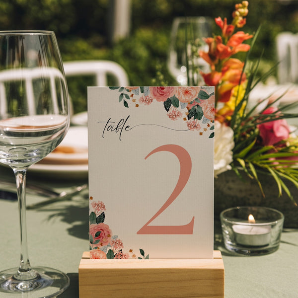 peach pink floral table number for wedding tables - luxury wedding table numbers personalised