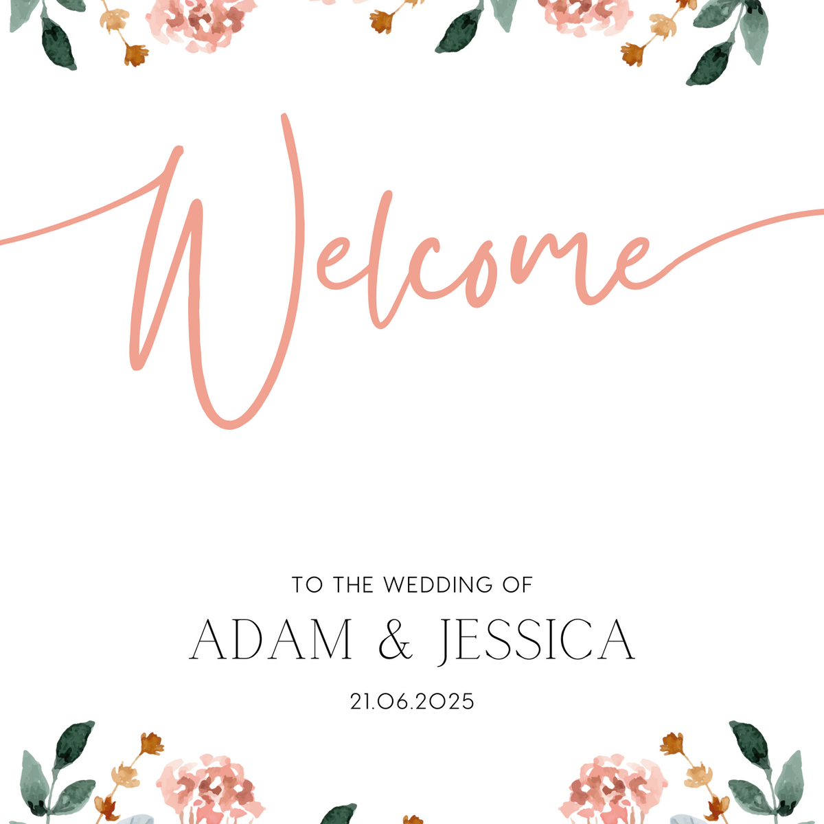 peach pink floral wedding welcome sign customised - personalised wedding welcome board with an elegant peach floral design, for a joyous celebration
