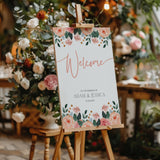 peach pink floral wedding welcome sign customised - personalised wedding welcome board with an elegant peach floral design, for a joyous celebration
