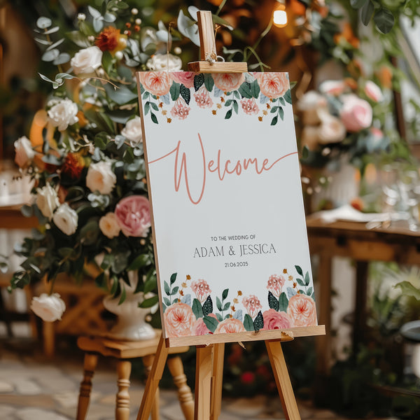 peach pink floral wedding welcome sign customised - personalised wedding welcome board with an elegant peach floral design, for a joyous celebration