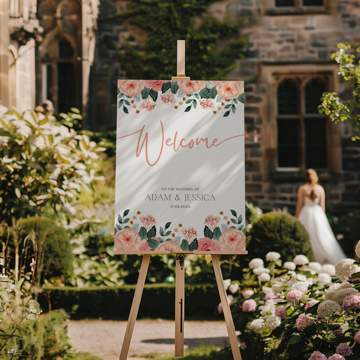 peach pink floral wedding welcome sign customised - personalised wedding welcome board with an elegant peach floral design, for a joyous celebration