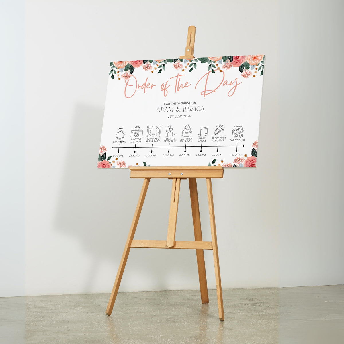 peach and pink floral wedding order of the day board - elegant yet vibrant peach florals, against a crisp white background, with sophisticated black text and icons, to blissfully guide guests throughout the day.