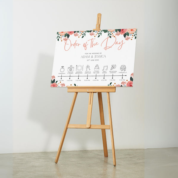 peach and pink floral wedding order of the day board - elegant yet vibrant peach florals, against a crisp white background, with sophisticated black text and icons, to blissfully guide guests throughout the day.