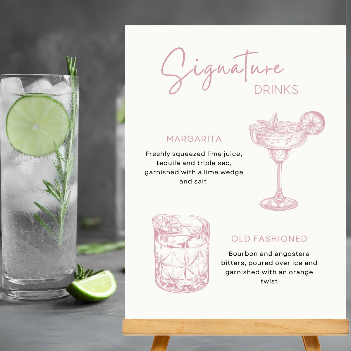 dusty rose signature drinks sign - affordable personalised wedding signs