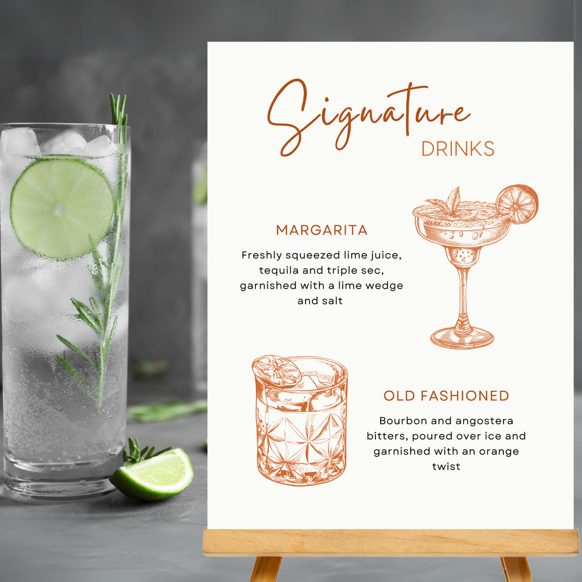 burnt orange signature drinks sign - affordable personalised wedding signs