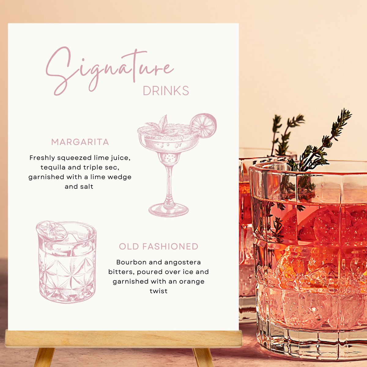 dusty rose signature drinks sign - affordable personalised wedding signs