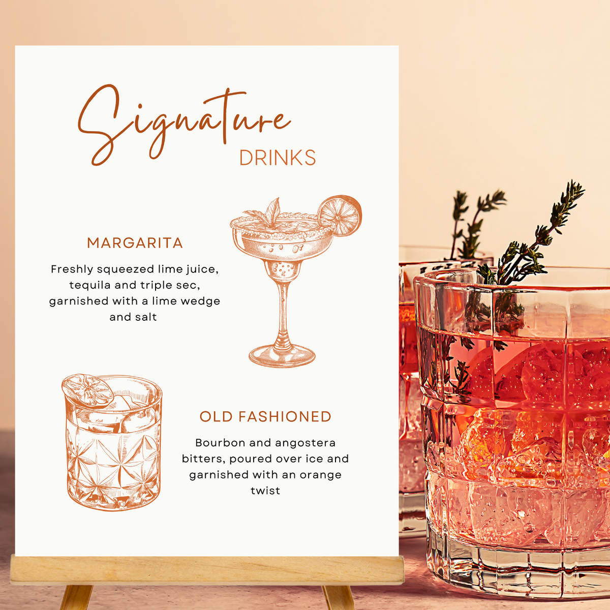 burnt orange signature drinks sign - affordable personalised wedding signs